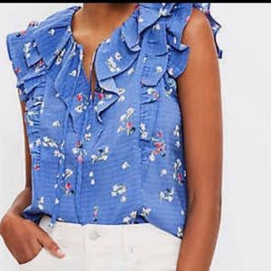 NWT Loft Ruffle Tie Neck Sleeveless Shell Top, Blue with Floral, Size Large